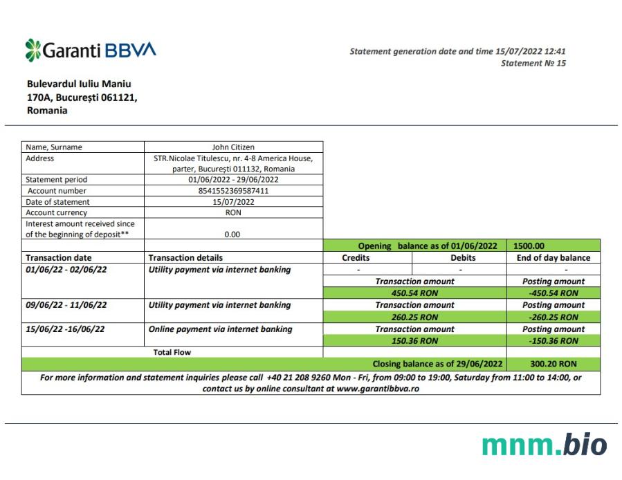 Romania Garanti BBVA wyciąg bankowy xls